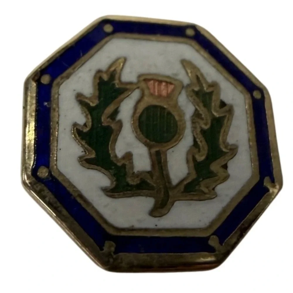 Vintage Scottish Thistle Enamel Lapel Pin Blue White Green Octagon Screw Back